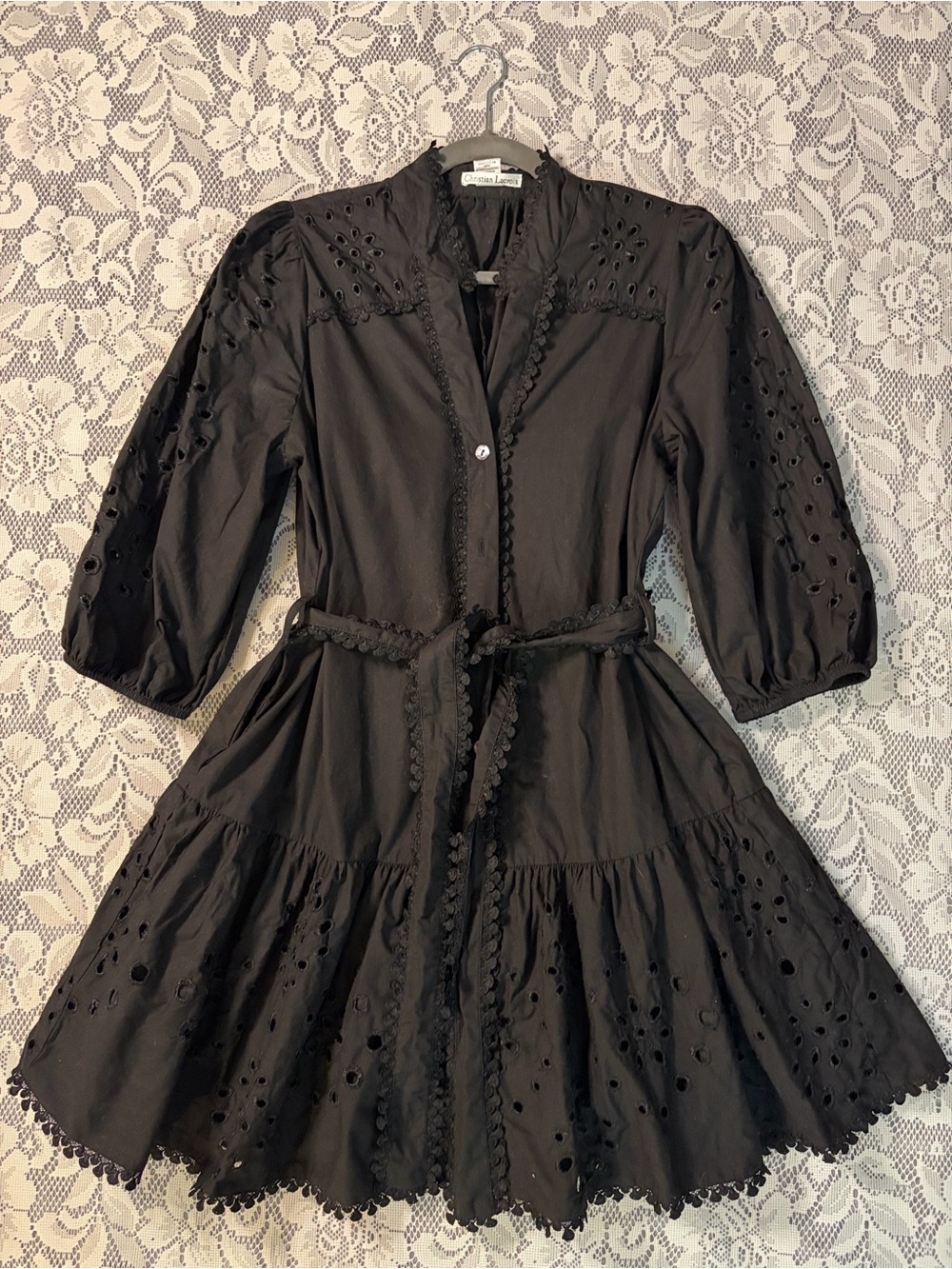 Christian Lacroix Cotton Eyelet Lace Puff Sleeve Tie Waist Mini Shirt Dress
